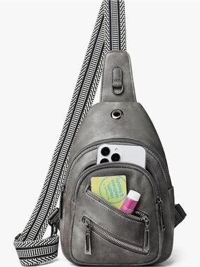 NWT LATMAP Gray Faux Leather Sling Bag Crossbody Chest Backpack Travel Purse